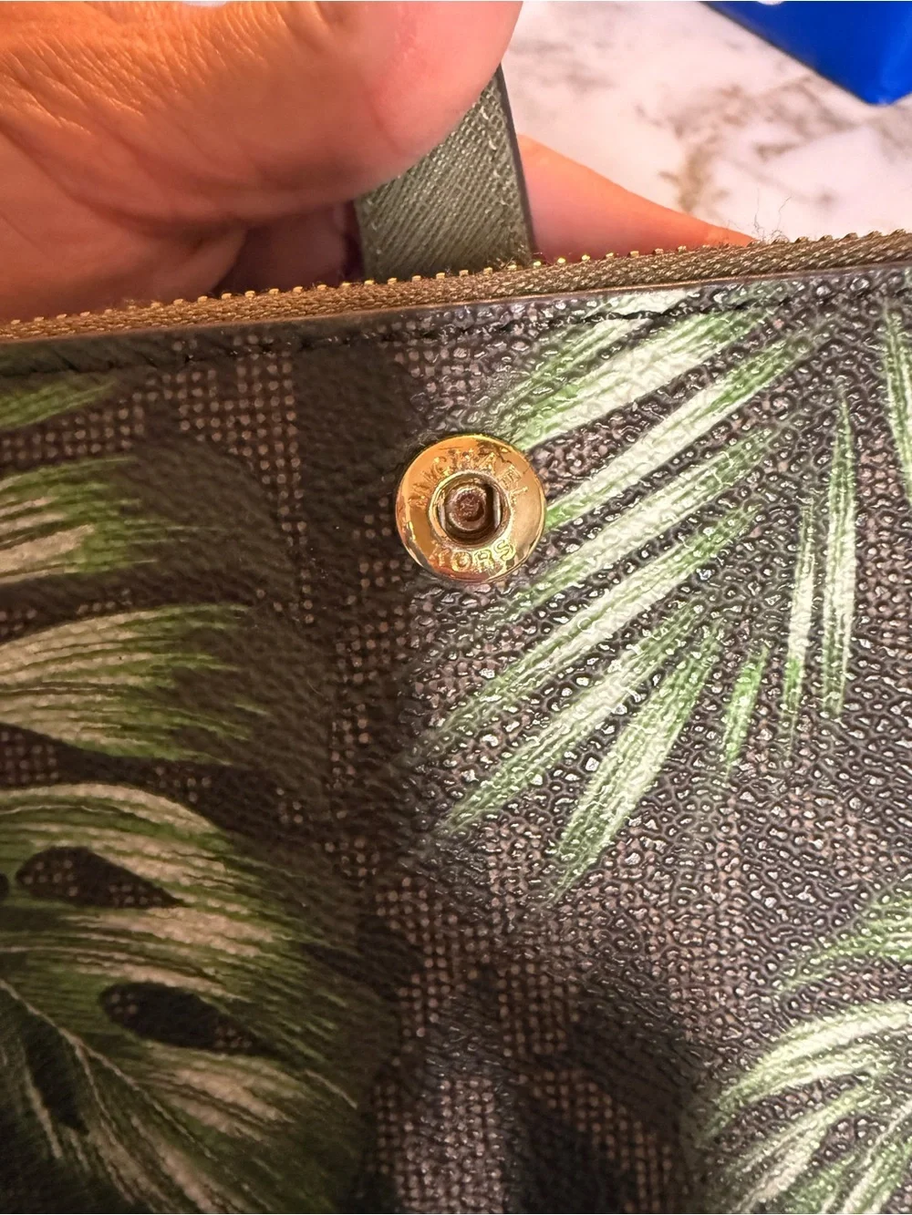 Michael Kors Black Wristlet with Green Palm Print